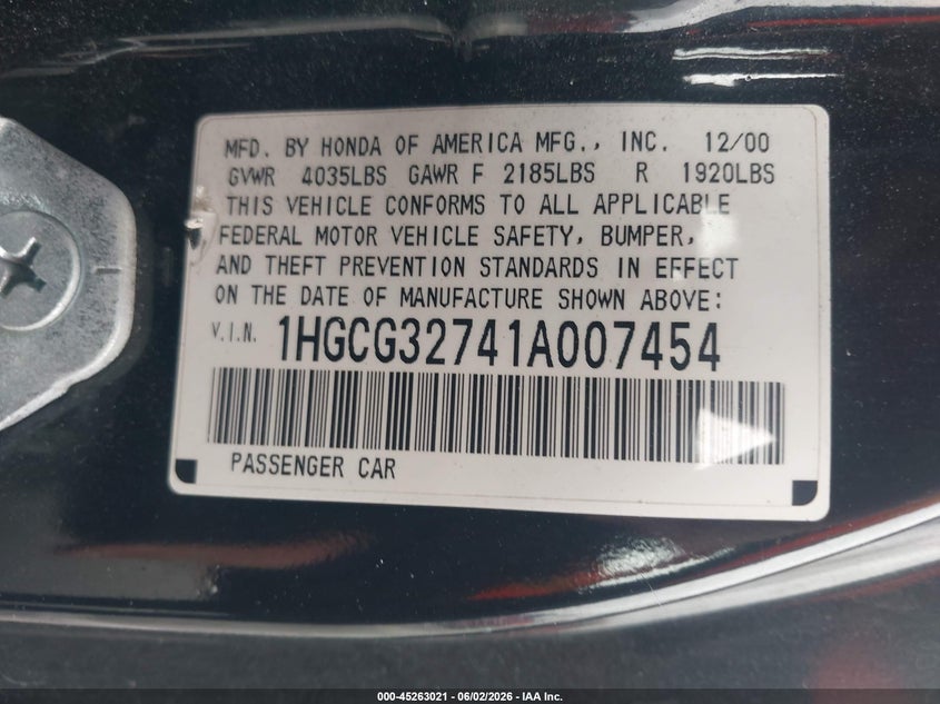 2001 Honda Accord 2.3 Ex VIN: 1HGCG32741A007454 Lot: 45263021