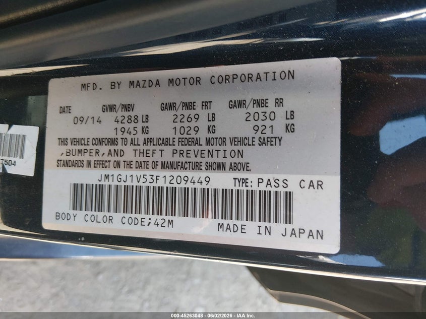 2015 Mazda Mazda6 I Touring VIN: JM1GJ1V53F1209449 Lot: 45263048