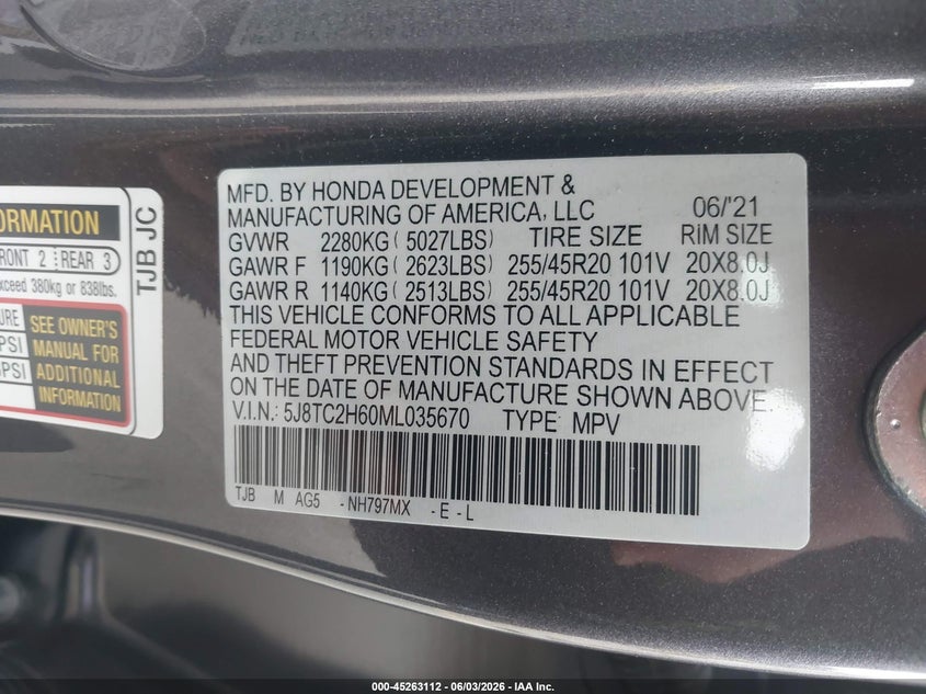 2021 Acura Rdx A-Spec Package VIN: 5J8TC2H60ML035670 Lot: 45263112