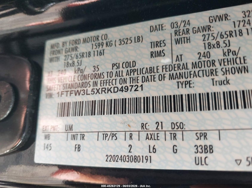FORD F-150 2024 VIN 1FTFW3L5XRKD49721