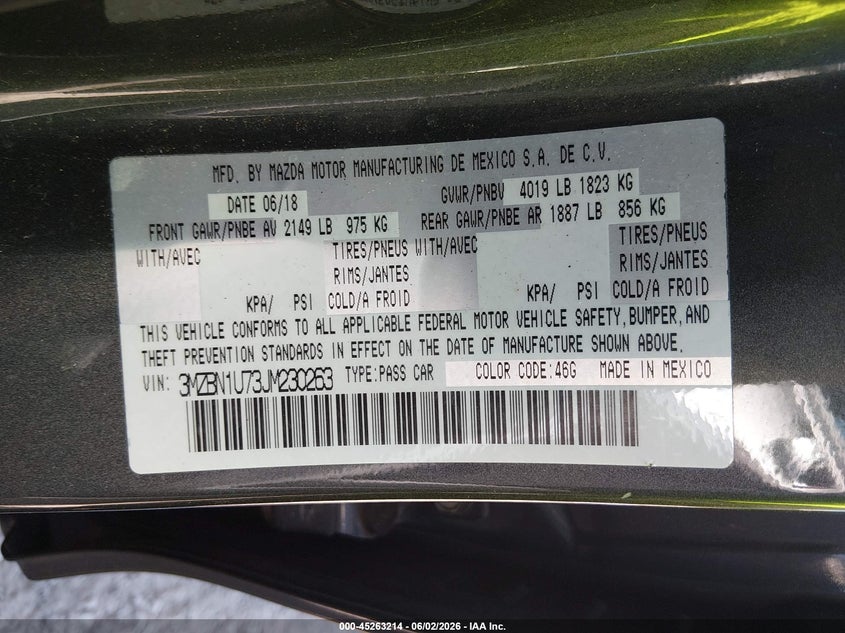 2018 Mazda Mazda3 Sport VIN: 3MZBN1U73JM230263 Lot: 45263214