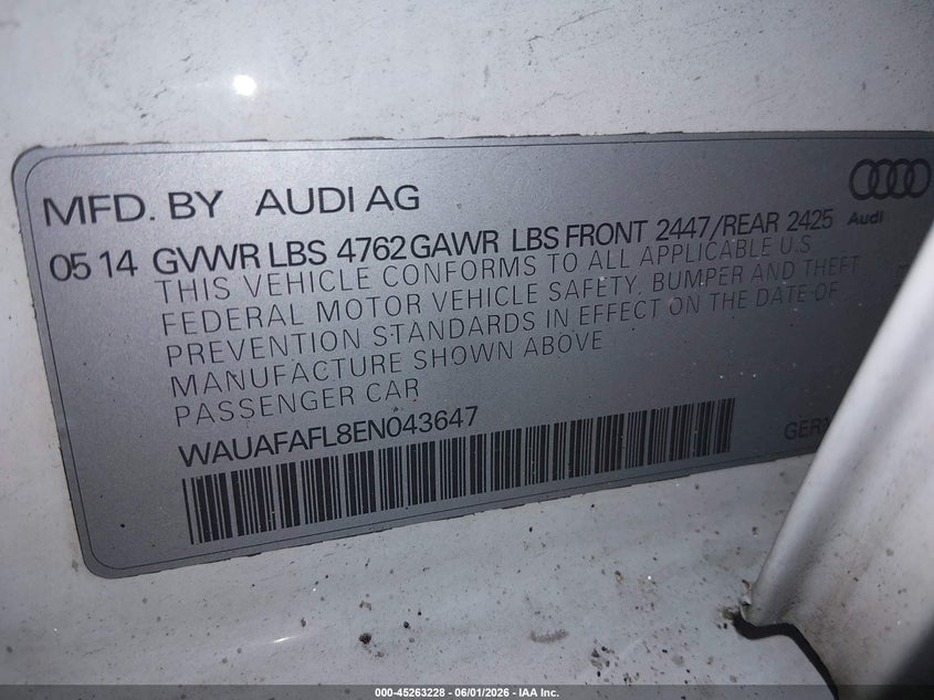 2014 Audi A4 2.0T Premium VIN: WAUAFAFL8EN043647 Lot: 45263228