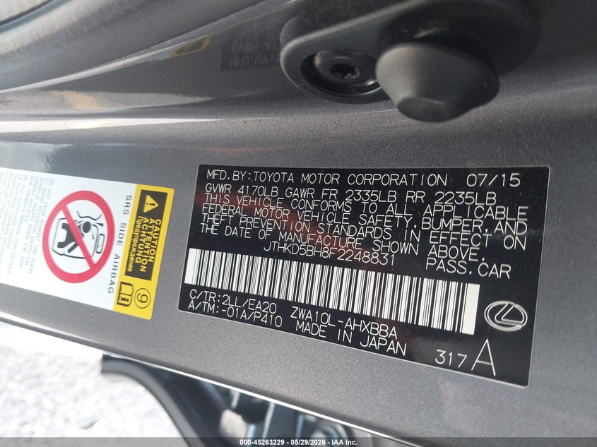 2015 Lexus Ct 200H VIN: JTHKD5BH8F2248831 Lot: 45263229