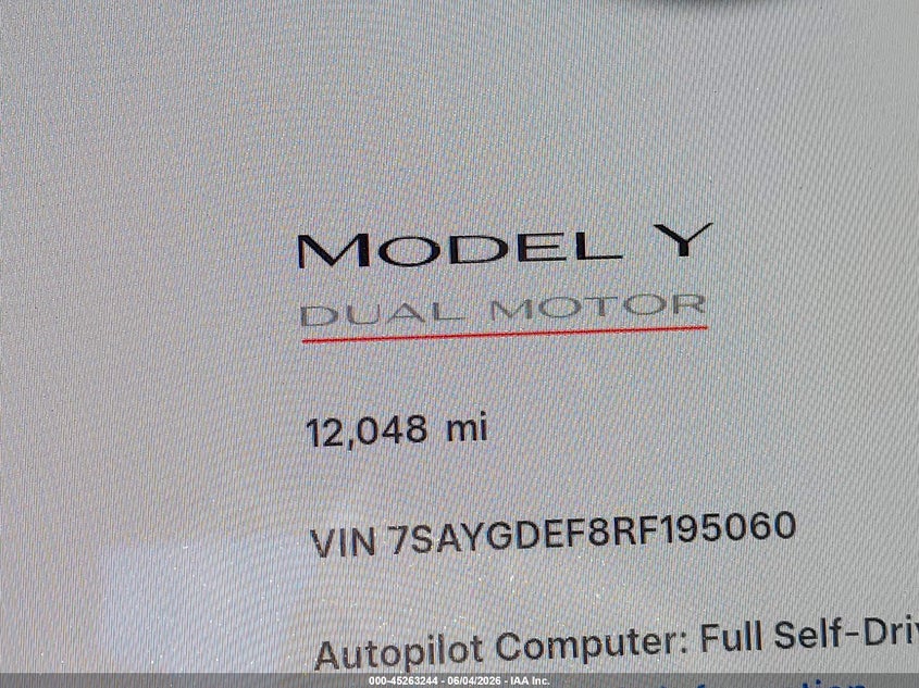 2024 Tesla Model Y Performance Dual Motor All-Wheel Drive VIN: 7SAYGDEF8RF195060 Lot: 45263244