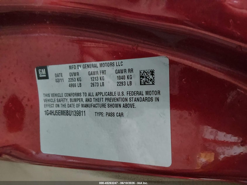 2011 Buick Lucerne Cxl Premium VIN: 1G4HJ5EM6BU139811 Lot: 45263247