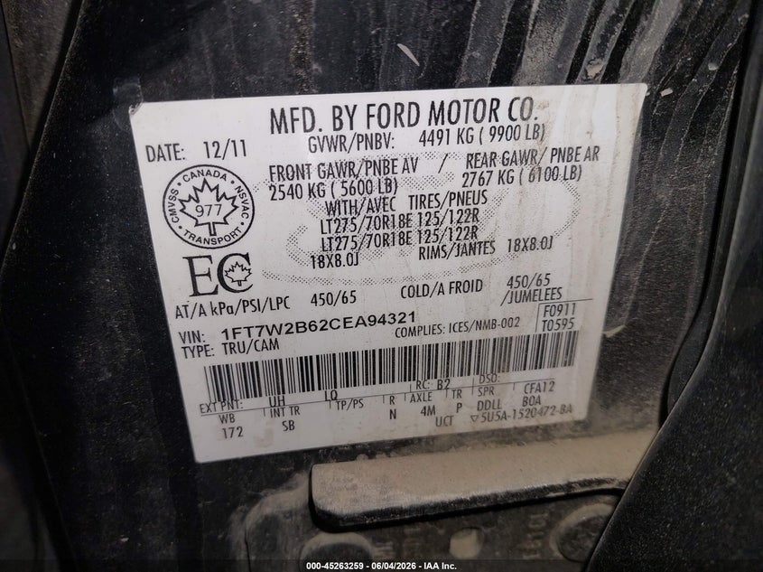 2012 Ford F-250 Lariat VIN: 1FT7W2B62CEA94321 Lot: 45263259
