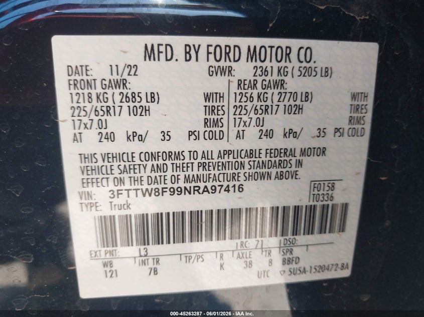 2022 Ford Maverick Xlt VIN: 3FTTW8F99NRA97416 Lot: 45263287