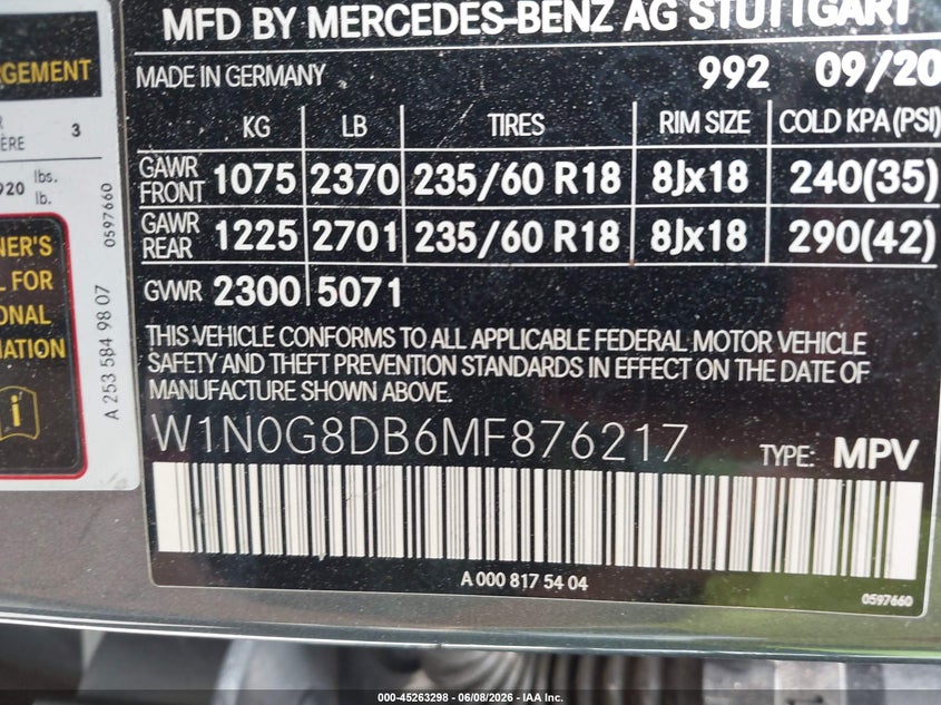 MERCEDES-BENZ GLC 300 2021 VIN W1N0G8DB6MF876217