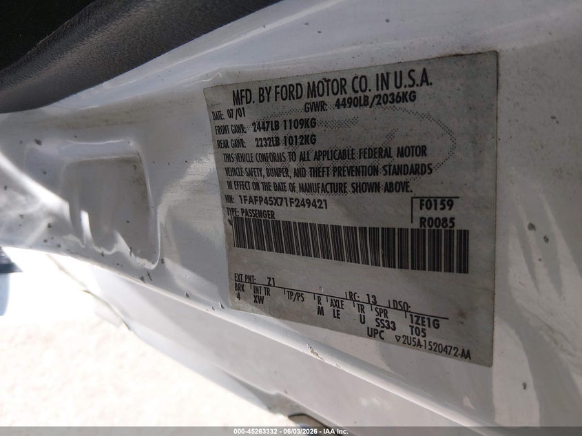 2001 Ford Mustang Gt VIN: 1FAFP45X71F249421 Lot: 45263332