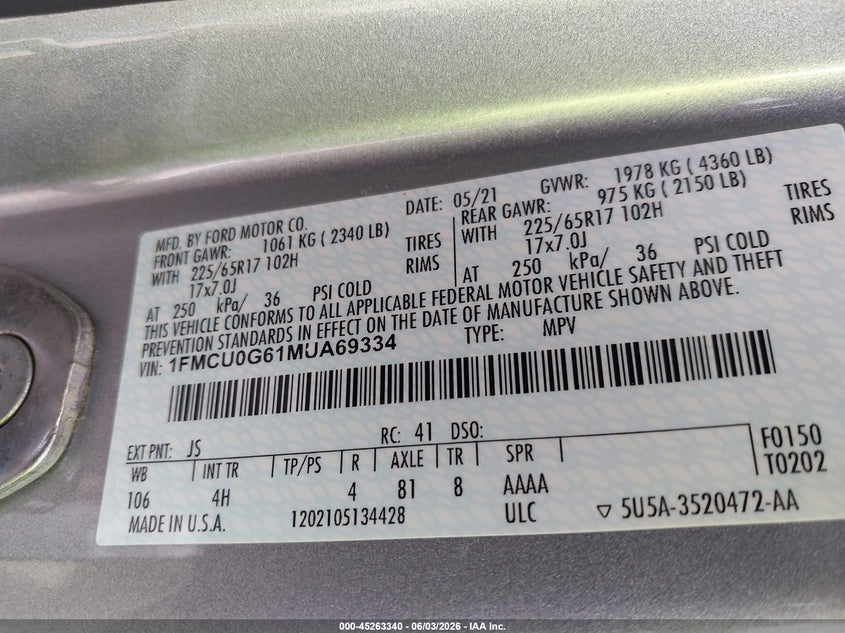 2021 Ford Escape Se VIN: 1FMCU0G61MUA69334 Lot: 45263340