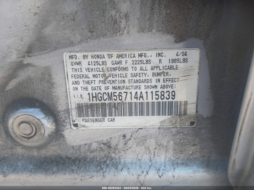 2004 Honda Accord 2.4 Ex VIN: 1HGCM56714A115839 Lot: 45263343