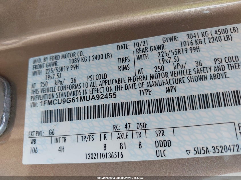 2021 Ford Escape Se VIN: 1FMCU9G61MUA92455 Lot: 45263354