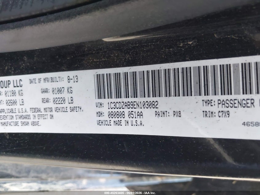 2014 Dodge Avenger Se VIN: 1C3CDZAB9EN103082 Lot: 45263405