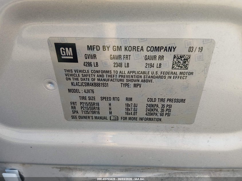2019 Buick Encore Fwd Essence VIN: KL4CJCSM4KB881931 Lot: 45263425