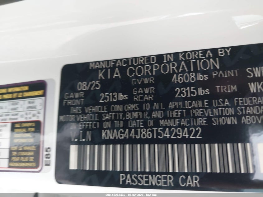 VIN: KNAG44J86T5429422 2026 KIA K5 GT