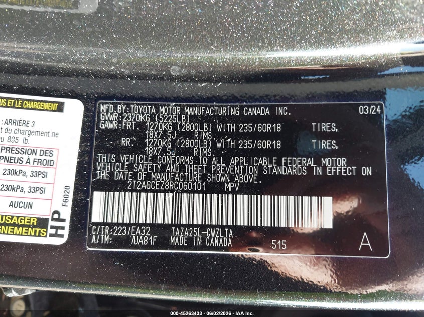 2024 Lexus Nx 350 VIN: 2T2AGCEZ8RC060101 Lot: 45263433