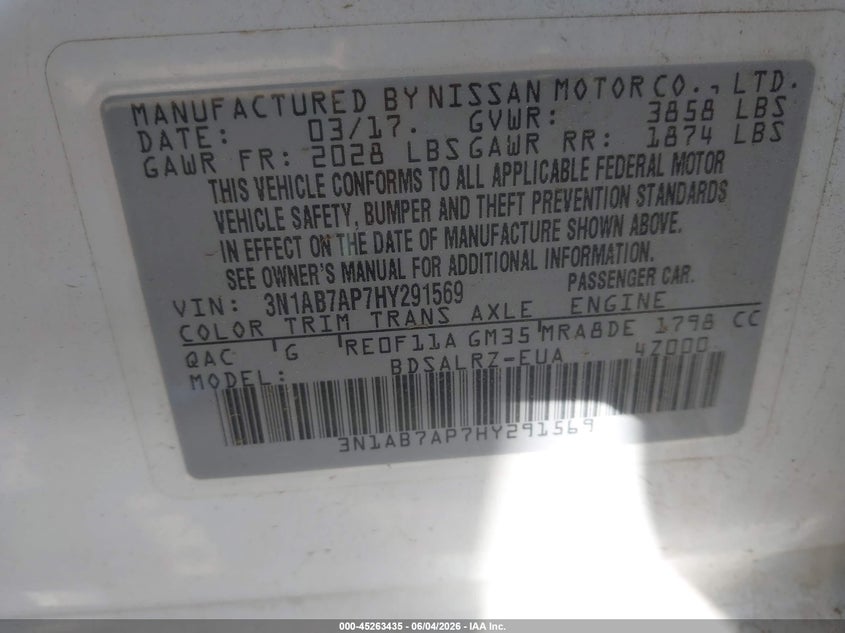 2017 Nissan Sentra Sr VIN: 3N1AB7AP7HY291569 Lot: 45263435