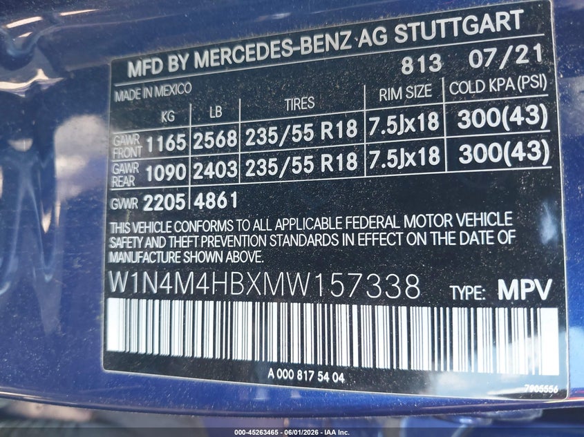 2021 Mercedes-Benz Glb 250 4Matic VIN: W1N4M4HBXMW157338 Lot: 45263465
