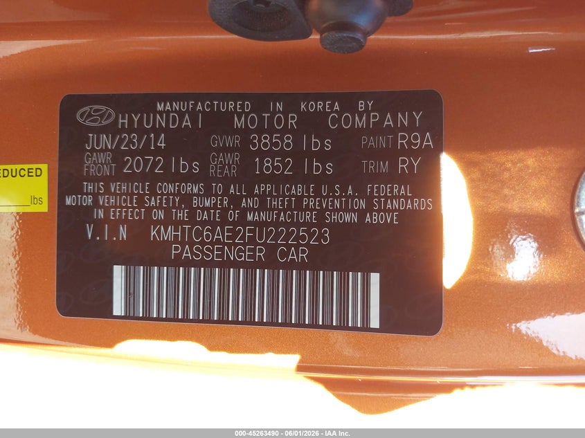 2015 Hyundai Veloster Turbo VIN: KMHTC6AE2FU222523 Lot: 45263490