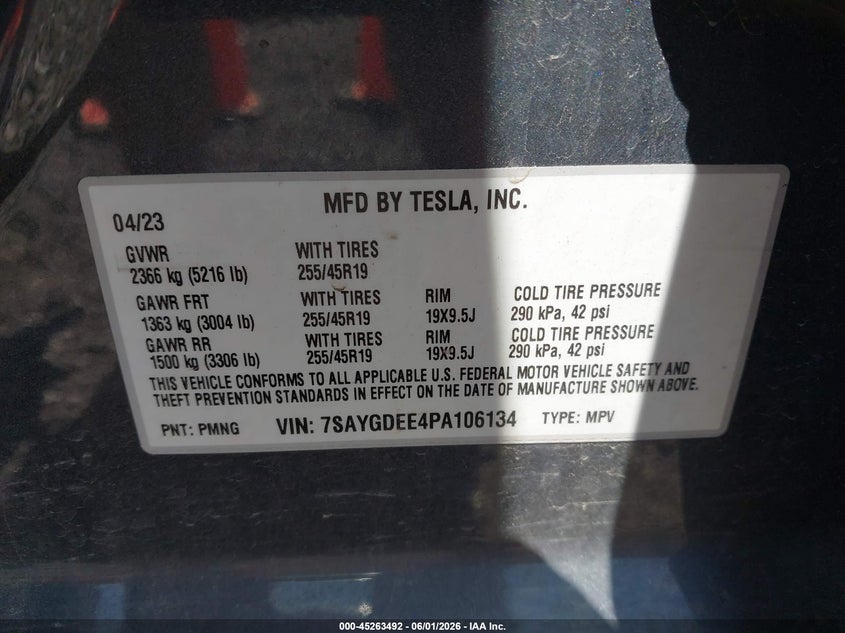 2023 Tesla Model Y Awd/Long Range Dual Motor All-Wheel Drive VIN: 7SAYGDEE4PA106134 Lot: 45263492