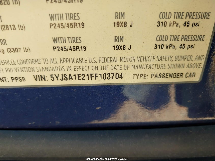 2015 Tesla Model S 70D/85D/P85D VIN: 5YJSA1E21FF103704 Lot: 45263495