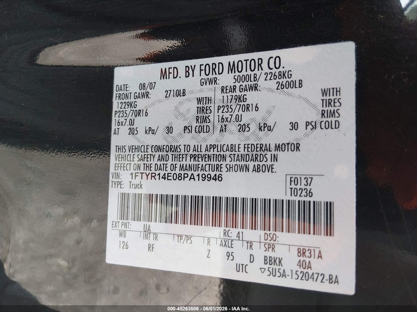 2008 Ford Ranger Sport/Xl/Xlt VIN: 1FTYR14E08PA19946 Lot: 45263506