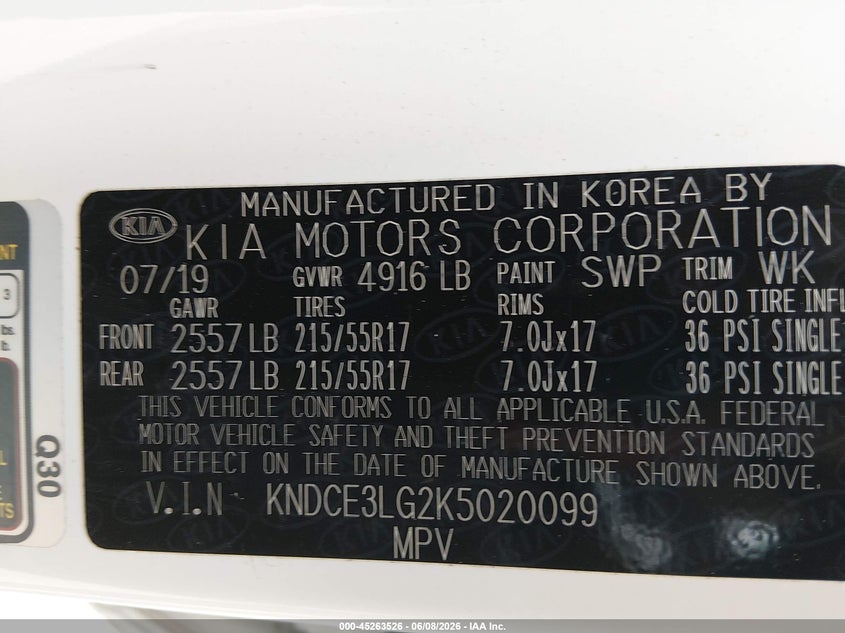 2019 Kia Niro Ev Ex Premium VIN: KNDCE3LG2K5020099 Lot: 45263526