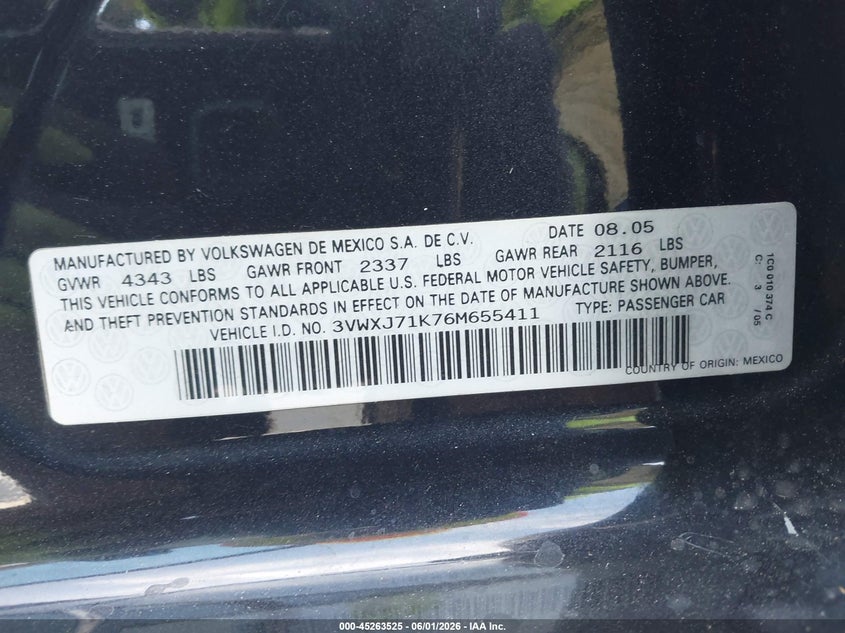 2006 Volkswagen Jetta Gli VIN: 3VWXJ71K76M655411 Lot: 45263525