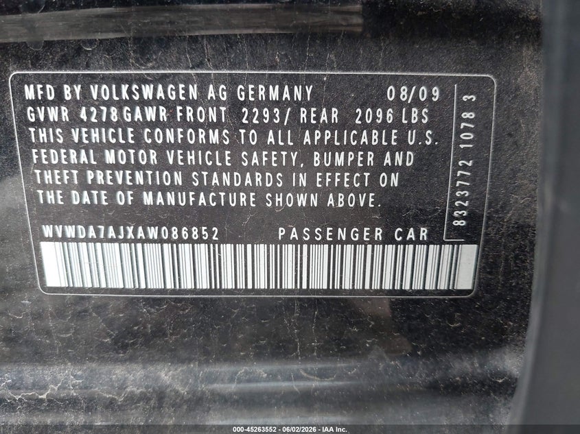 2010 Volkswagen Golf 4-Door VIN: WVWDA7AJXAW086852 Lot: 45263552