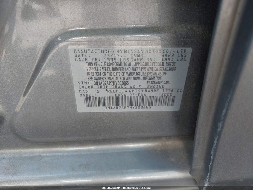 2017 Nissan Sentra Sv VIN: 3N1AB7AP7HY303865 Lot: 45263591