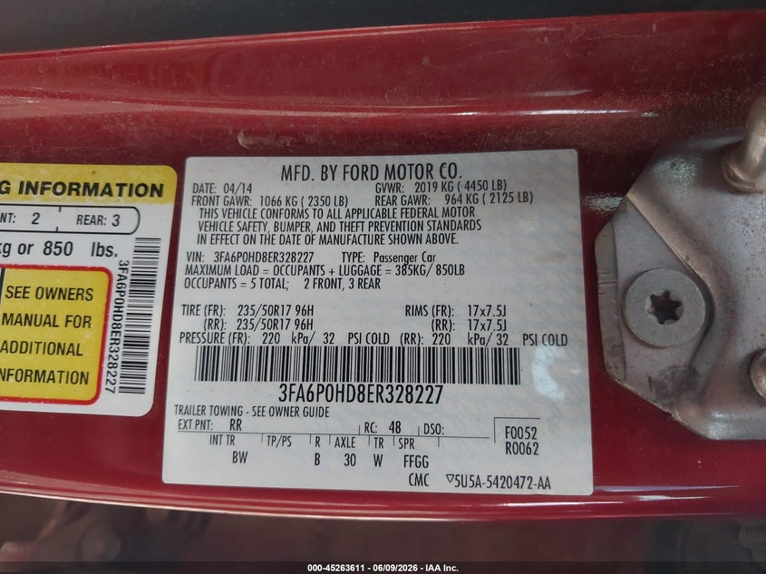 2014 Ford Fusion Se VIN: 3FA6P0HD8ER328227 Lot: 45263611
