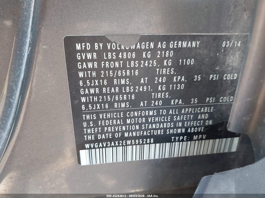 2014 Volkswagen Tiguan S VIN: WVGAV3AX2EW595288 Lot: 45263612
