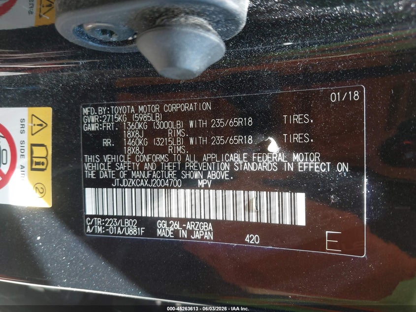 2018 Lexus Rx 350L Premium VIN: JTJDZKCAXJ2004700 Lot: 45263613