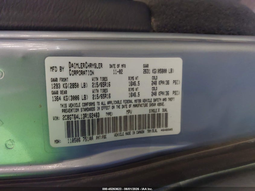 2003 Chrysler Town & Country Limited VIN: 2C8GT64L13R162483 Lot: 45263623