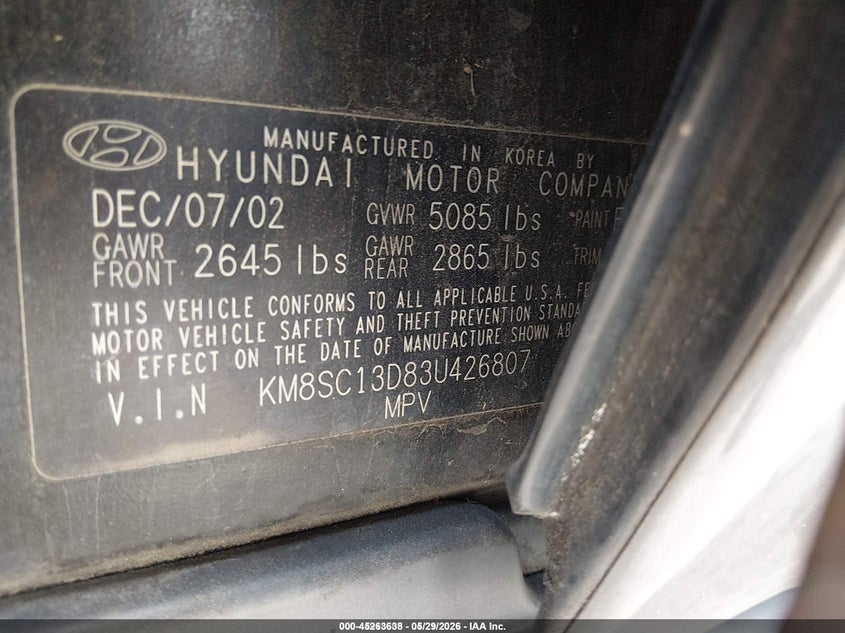 2003 Hyundai Santa Fe Gls/Lx VIN: KM8SC13D83U426807 Lot: 45263638