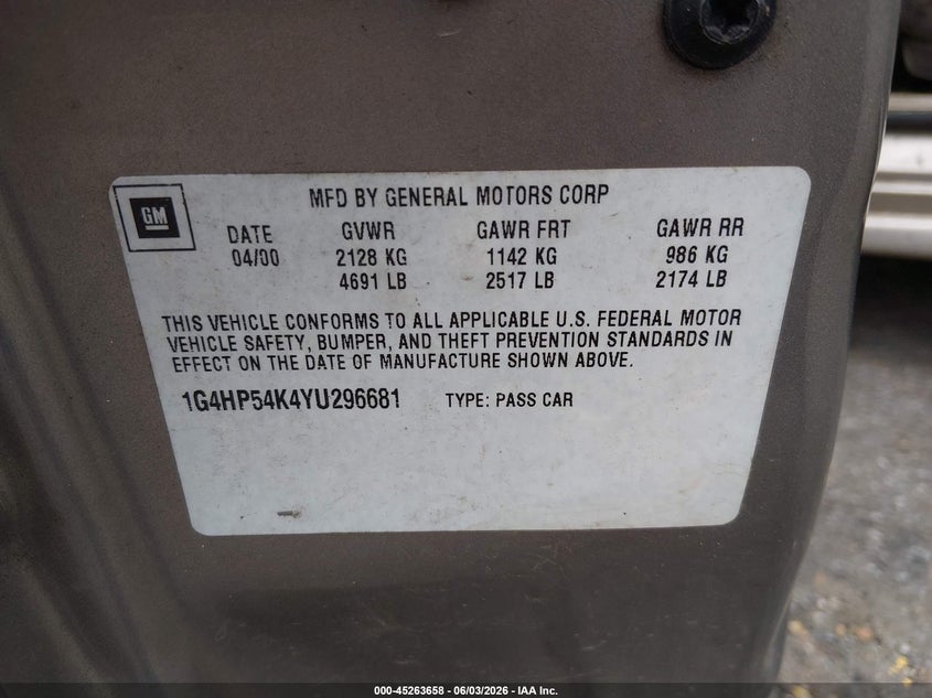 2000 Buick Lesabre Custom VIN: 1G4HP54K4YU296681 Lot: 45263658