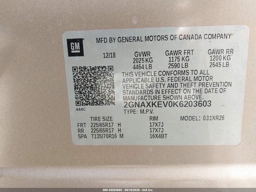 CHEVROLET EQUINOX 2019 VIN 2GNAXKEV0K6203603