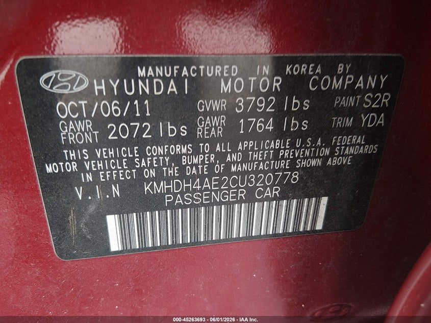 2012 Hyundai Elantra 1.8 Limited (Ulsan Plant) red Lot 111045263693 Vin KMHDH4AE2CU320778