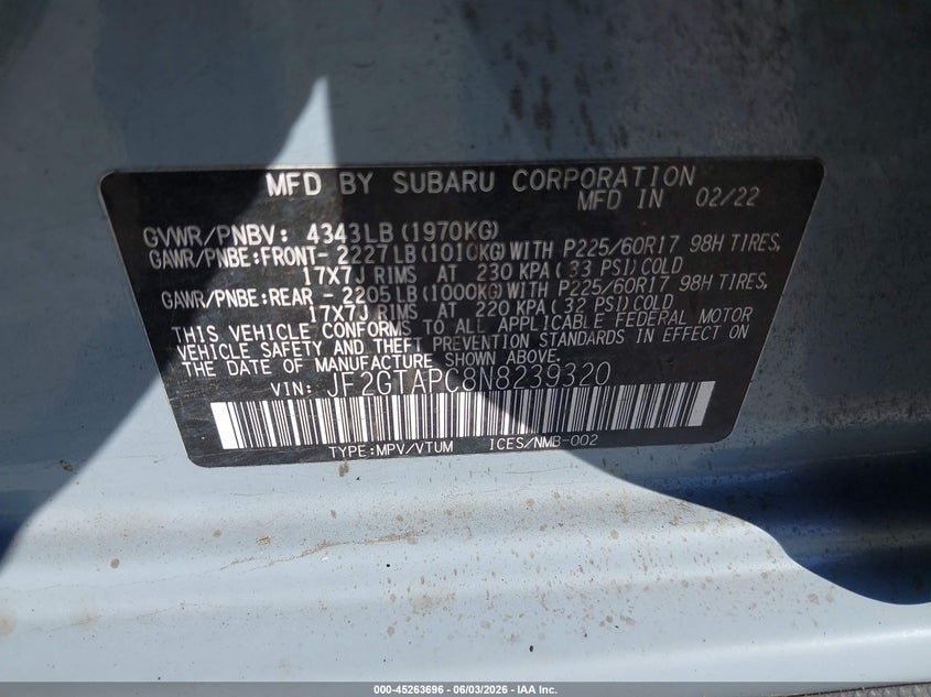 2022 Subaru Crosstrek Premium VIN: JF2GTAPC8N8239320 Lot: 45263696