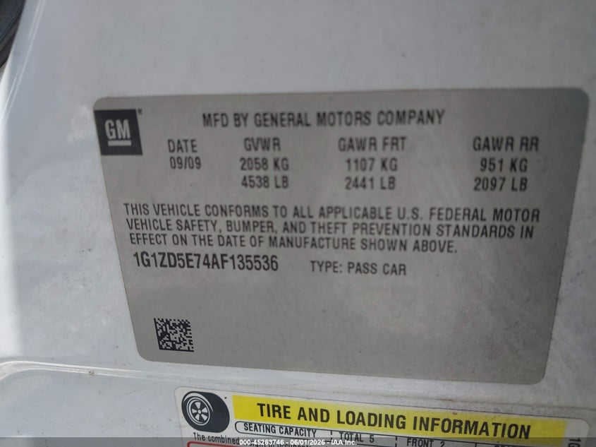 2010 Chevrolet Malibu Lt VIN: 1G1ZD5E74AF135536 Lot: 45263746