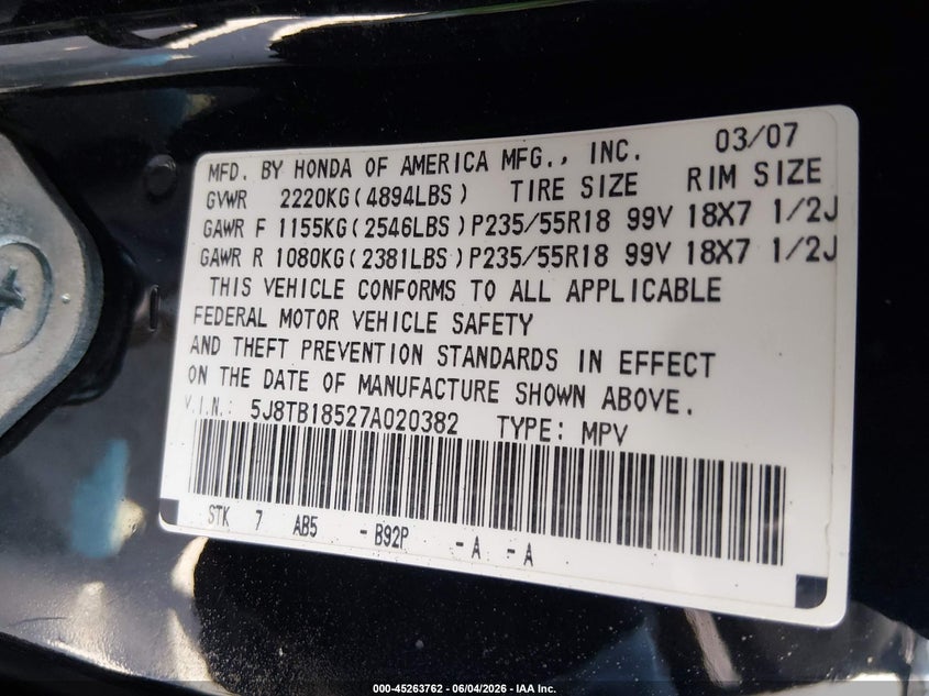2007 Acura Rdx VIN: 5J8TB18527A020382 Lot: 45263762