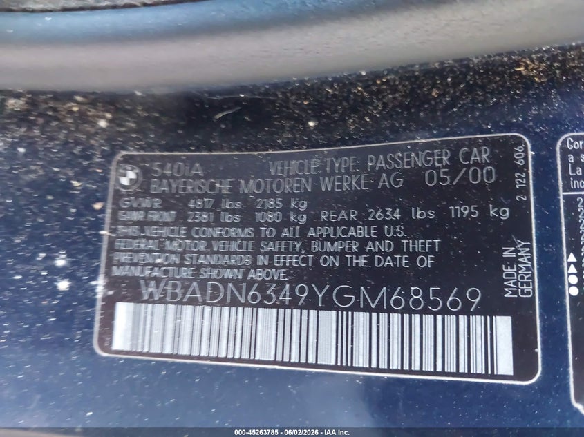 2000 BMW 540Ia VIN: WBADN6349YGM68569 Lot: 45263785