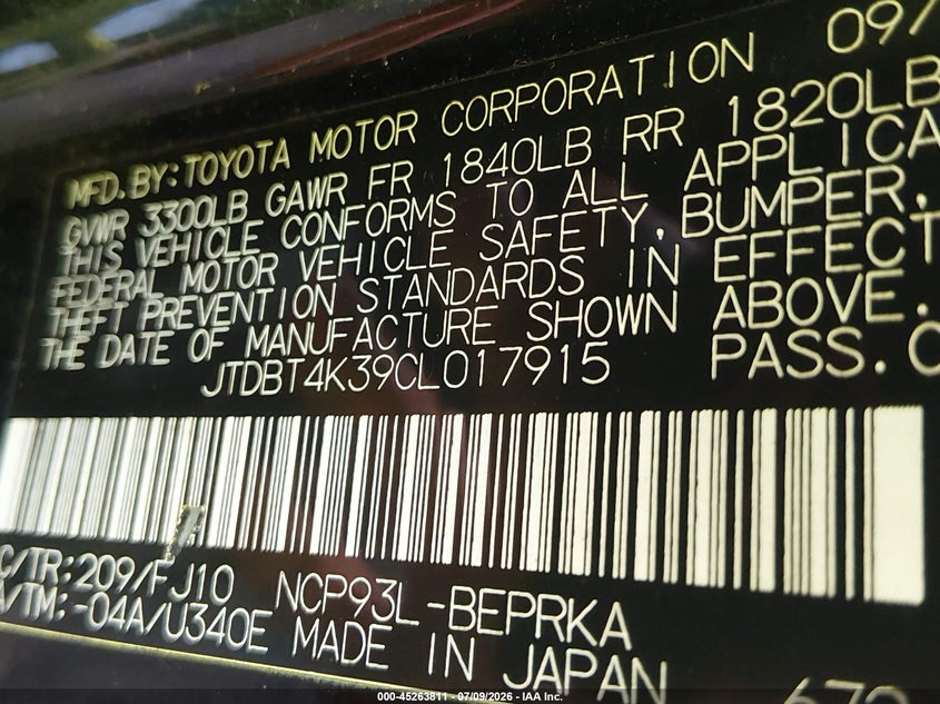 2012 Toyota Yaris VIN: JTDBT4K39CL017915 Lot: 45263811