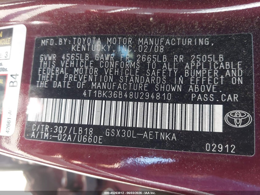 2008 Toyota Avalon Xl/Xls/Touring/Limited VIN: 4T1BK36B48U294810 Lot: 45263812