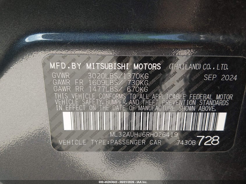 2024 Mitsubishi Mirage Es/Le VIN: ML32AUHJ6RH026419 Lot: 45263843