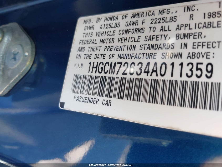 2004 Honda Accord 2.4 Ex VIN: 1HGCM72634A011359 Lot: 45263847
