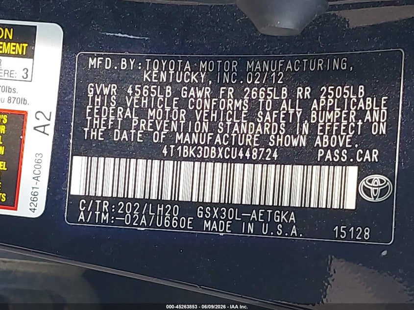 2012 Toyota Avalon VIN: 4T1BK3DBXCU448724 Lot: 45263853