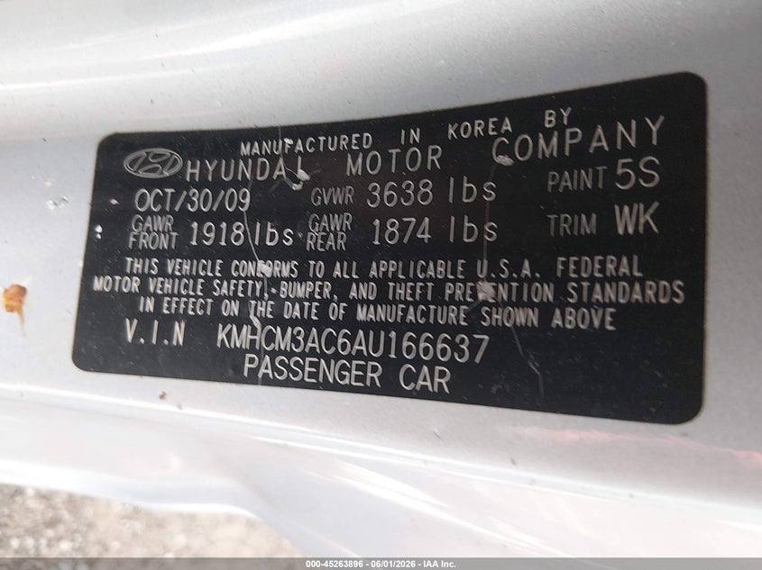 2010 Hyundai Accent Gs VIN: KMHCM3AC6AU166637 Lot: 45263896