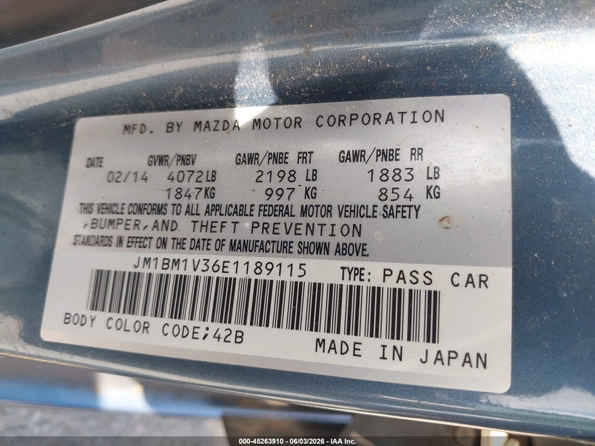 2014 Mazda Mazda3 S Touring VIN: JM1BM1V36E1189115 Lot: 45263910