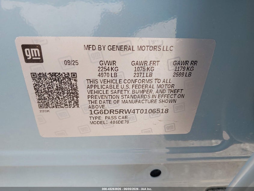 2026 Cadillac Ct5-V V-Series Rwd VIN: 1G6DR5RW4T0106518 Lot: 45263926